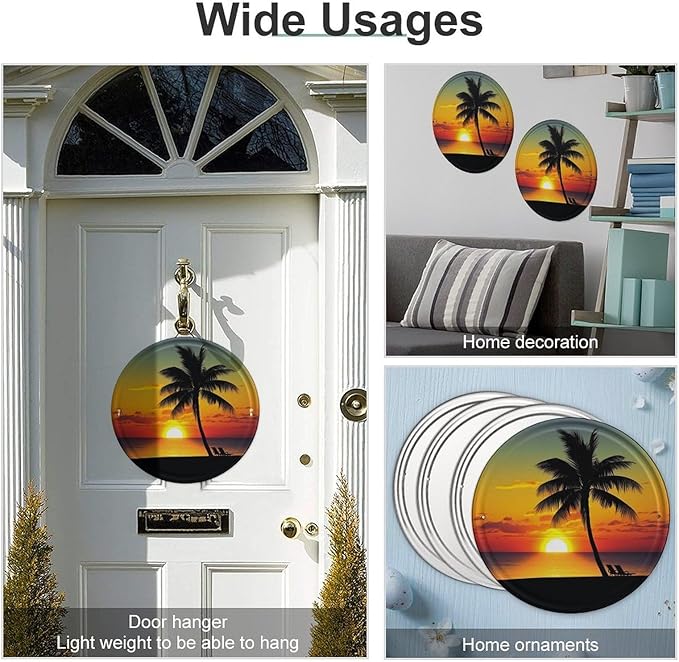 Wall Picture, with Sunset Palm Tree Printed Circular Iron Hanging Picture,Wall Art Decor,Home for Bedroom Living Room Bathroom Decor,Iron Painting 11.8X11.8 in