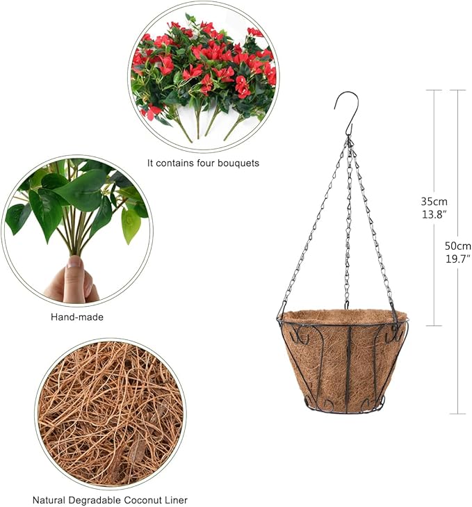 Homsunny Artificial Hanging Flowers Plants Basket for Outdoor Decoration,4 PCS Faux Silk Bougainvillea Vine Flowers Look Real UV Resistant for Outside Porch Patio Yard Garden Decor(Red)