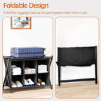 Luggage Rack for Guest Room, Set of 2, Folding Suitcase Stand with 6-Cube Fabric Storage Shelf, Luggage Holder, Steel Foldable Luggage Stand for Guest Room, Bedroom, Hotel, Black