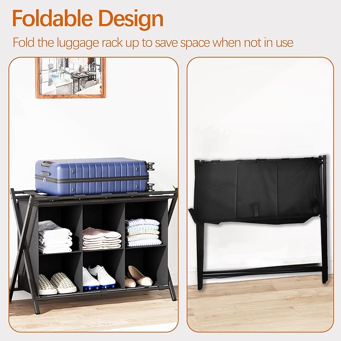 Luggage Rack for Guest Room, Set of 2, Folding Suitcase Stand with 6-Cube Fabric Storage Shelf, Luggage Holder, Steel Foldable Luggage Stand for Guest Room, Bedroom, Hotel, Black