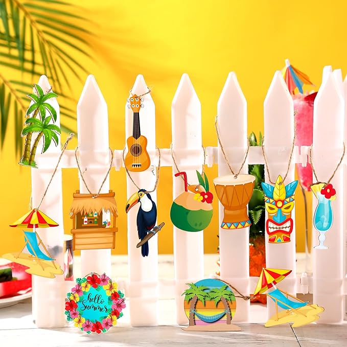Geelin 36 Pcs Summer Wood Hanging Ornaments for Tree Mini Tree Decorations Hawaiian Beach Wooden Pendant Decorations with String for Luau Party Supplies(Aloha)