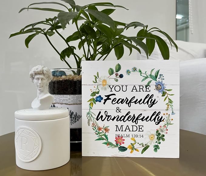 Christian Wood Signs, Bible Verse Psalm 139:14 - You are Fearfully & Wonderfully Made, Box Sign Decor Tabletop, Inspirational Wood Plaque, Wood Table Signs, Country Style Home Decor, Christian Gift