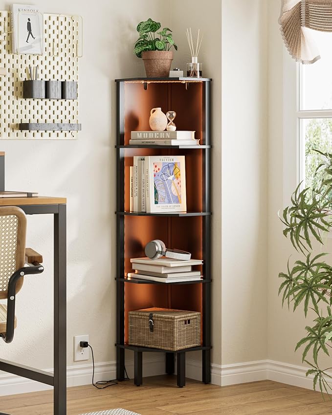 Corner Shelf Stand, 5 Tier Corner Bookshelf,Corner Furniture for Bedroom Display Corner Shelf for Small Space,Wood Shelves with Storage Rack for Living Room,Office,Black