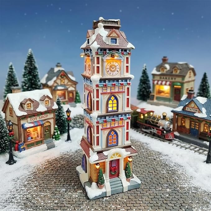 MOMENTS IN TIME Lighted Christmas Clock Tower 14.5” LED Hand-Painted Polyresin Village Decoration Battery Operated Elegant Holiday Tabletop Collectible Gift Ready Tabletop Décor