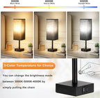 Bedside Table Lamps Set of 2 - Black Bedroom Lamps with 3 Color Temperatures (3000K/5000K/4000K), Two Square Nightstand Lamps with USB C + A Charging Ports, Pull Chain Small Night Light for End Table