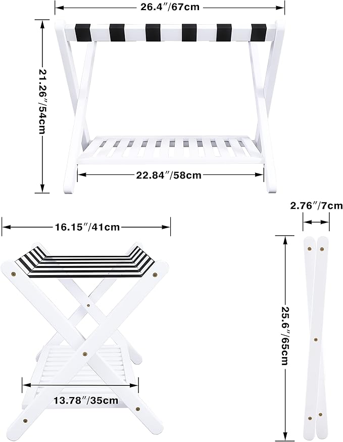 SMIBUY Luggage Rack, Set of 2, Foldable Bamboo Suitcase Stand with Storage Shelf for Guest Room, Bedroom, Hotel, Heavy-Duty (White)