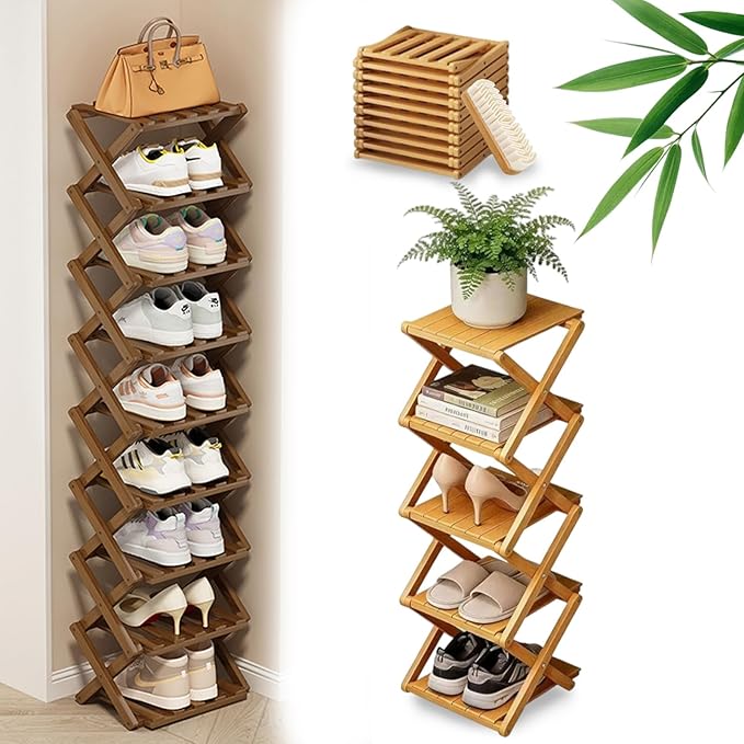 DDRIC The 9-Tier No-Assembly Bamboo Rack, Foldable 9 Tier Bamboo Shoe Rack with Collapsible Vertical Design, Space-Saving Shoe Storage Shelf for Entryway Closet Dorm, No-Tool Assembly (Nuture,5)