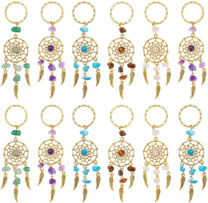 PH PandaHall 12pcs Dream Catcher Keychain Stone Key Chains Crystal Quartz Gemstone key Rings Feather Key Chain Dream Catcher Keyring Lucky Decor for Bag Home Hanging Ring Ornaments Car Pendant