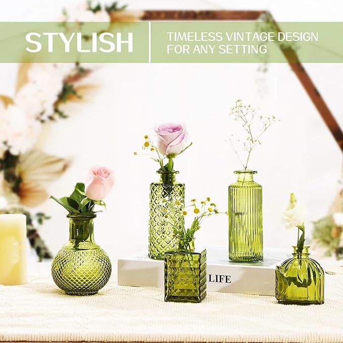 Mini Bud Vases Centerpieces for Tables,Clear Bud Vases for Flowers,Small Flower Vases Suitable for Birthday Party,Anniversary,Wedding Reception,Baby Shower (Green, 12PCS)