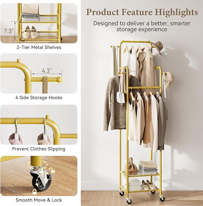 Chrislley Clothes Rack with Wheels, 71" Portable Clothing Rack with 2 Shelves and 4 Hooks, Small Rolling Garment Rack, 4 Hanging Rods Metal Coat Rack for Bedroom, Apartment, Entryway, Gold