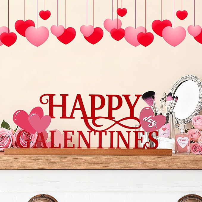 Teenyyou Happy Galentines Day Tabletop Decoration Galentines Day Party Centerpiece Red Pink Glittery Heart Romantic Metal Word Sign with Wooden Base for Valentines Bunting Ladies Photo Props