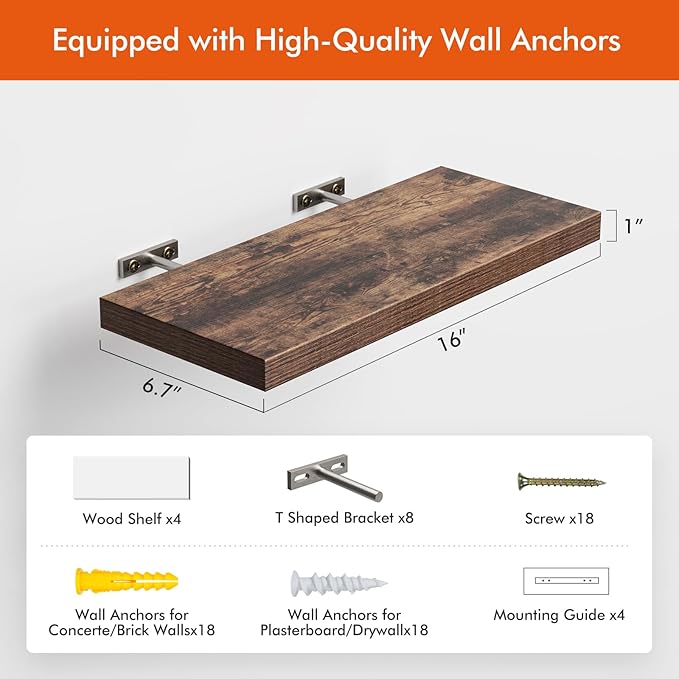 YUFLINX 16’’Rustic Brown Floating Shelves for Wall Set of 4,Rustic Wood Shelf for Room Decor/Storage/Display,Small Bookshelf,Wall Mounted Hanging Shelves for Bedroom, Bathroom, Living Room, Kitchen