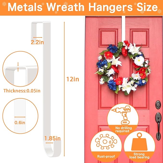 Dreecy 12” Wreath Hangers for Front Door, Christmas Wreath Hanger Holder, White Over The Door Wreath Hanger Hooks for Hnaging Christmas Front or Back Door Reef Decoration 2 Pack