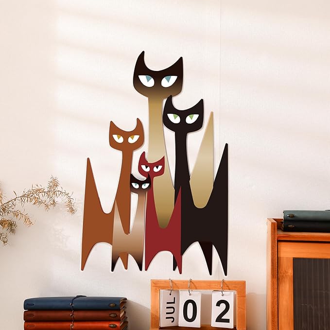 Wesiti Cat Wall Art Decor Iron Wall Sculptures Decor for Cats Lover 10.6 x 15.7 Inches Colorful Mid Century Cat Retro Signs for Home Living Room Bedroom Kitchen Office(Modern)