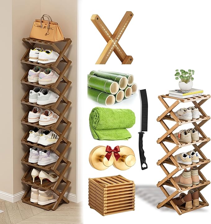 Foldable Shoe Rack, 2 - 9 Tier No-Tool Assembly Bamboo Organizer with Anti-Wobble X-Design for Small Spaces, Sturdy Vertical Storage Shelf for Entryway, Closet, Apartment & Dorm (Yellow,6 Layers)