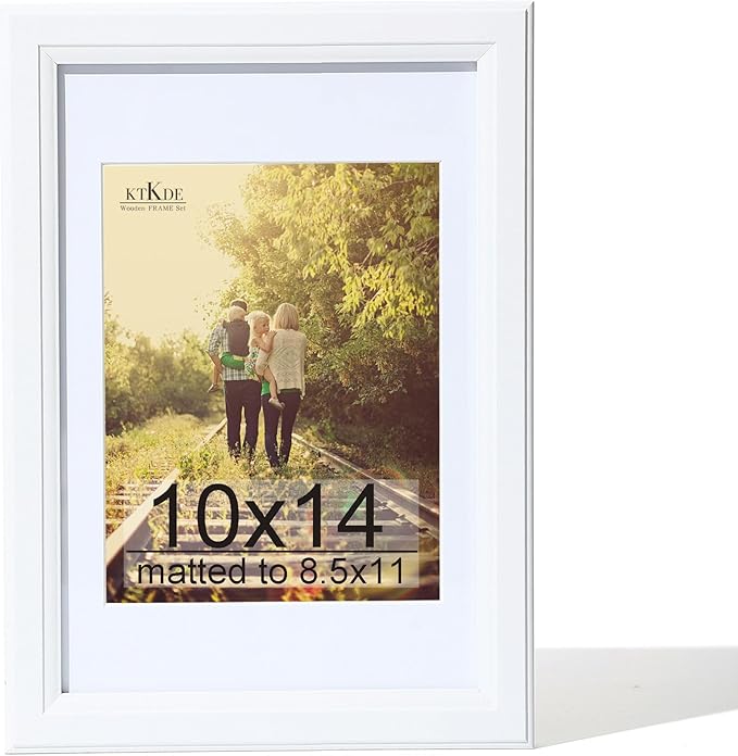 KTKDE 10x14 Picture Frame,Display Pictures 8.5x11 with Mat or 10x14 Without, Tempered Glass,14 by 10 White Wooden Frame Wall Gallery Poster Frame best gift