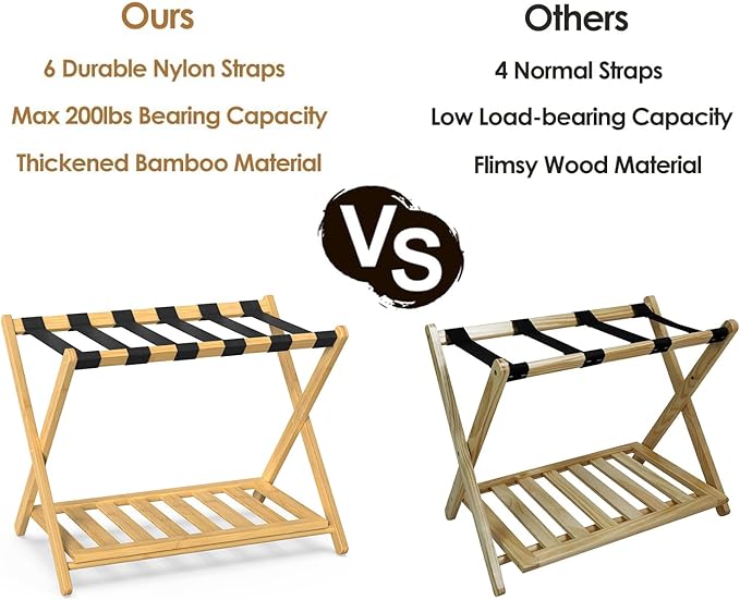 2 Pack Bamboo Luggage Rack for Guest Room, 26.77" Folding Wide Suitcase Stand with Storage Shelf, Thickened Luggage Stand Holder for Bedroom Hotel, Luggage Rack for Suitcases (Natural)