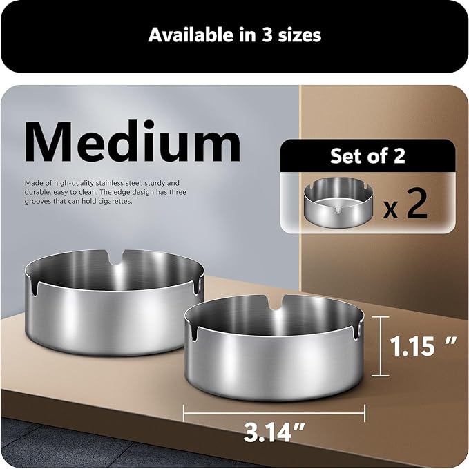 roygra Ash Tray (2 Pack), Outdoor Ashtray for Outside Patio, Stainless Steel Ashtrays for Cigarettes with 3 Holder, Smoking Accessories, Home Décor, Ashtrays for Smokers Indoor - Silver, Medium