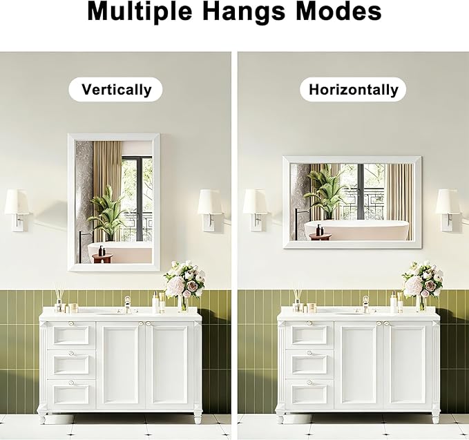 Bathroom Mirror for Over Sink,24x36Inch White Thick Anti-Rust Metal Frame, Rectangle Decorative Wall Mirror with HD Tempered Glass, Horizontal or Vertical Mount for Vanity, Bathroom,Living Room
