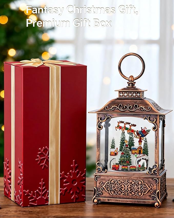 Snow Globe, Santa Snow Globe Christmas Tree, Lighted Musical Decorations Lantern,Village Houses, Train Battery, Reindeer, USB or Battery Operated，Gifts for Men and Kids.