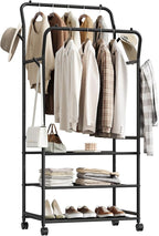 Clothes Racks for Hanging Clothes, Rolling Garment Rack, Clothing Rack with Wheels and Hooks, Double Rod Clothes Rack with Shelves, for Bedroom, Living Room, Laundry Room Black TYM07BB
