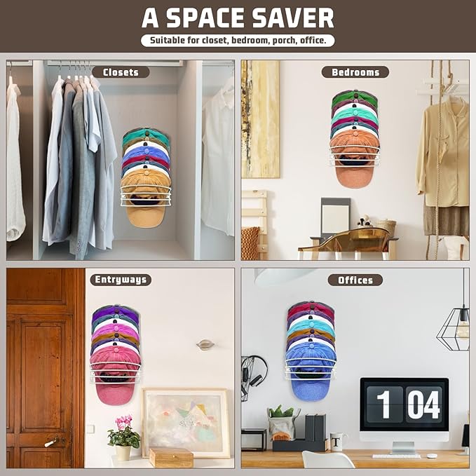 Hat Organizer for Baseball Caps, 2-Pack Beige White Metal Hat Rack for Wall Door, Adhesive/Wall Mounted Hat Storage Holder Small Closet Organizers and Storage Solution Ideas