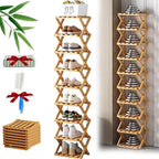 The 9-Tier No-Assembly Bamboo Rack, Foldable Stackable 9 Tier Bamboo Shoe Rack Vertical Storage Sturdy & Stable, Tall Narrow Space-Saving Expandable Shoe Rack for Entryway Closet Dorm (Nature,9 Tiers)