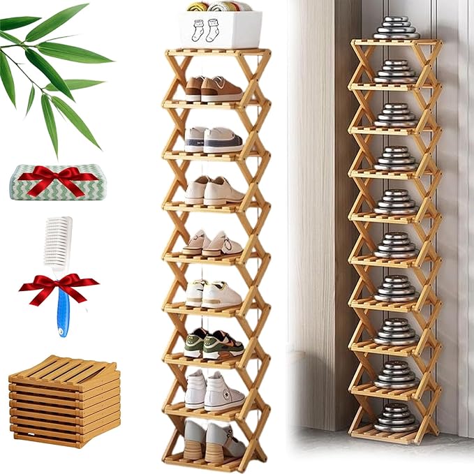 The 9-Tier No-Assembly Bamboo Rack, Foldable Stackable 9 Tier Bamboo Shoe Rack Vertical Storage Sturdy & Stable, Tall Narrow Space-Saving Expandable Shoe Rack for Entryway Closet Dorm (Nature,9 Tiers)