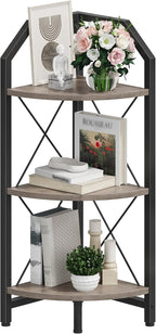 CHOEZON 3-Tier Corner Shelf, Industrial Corner Bookshelf, 35.4" Storage Stand, Plant Stand Display Shelf, Bookcase for Bedroom, Living Room, Home Office, Greige and Black TCJ03BG