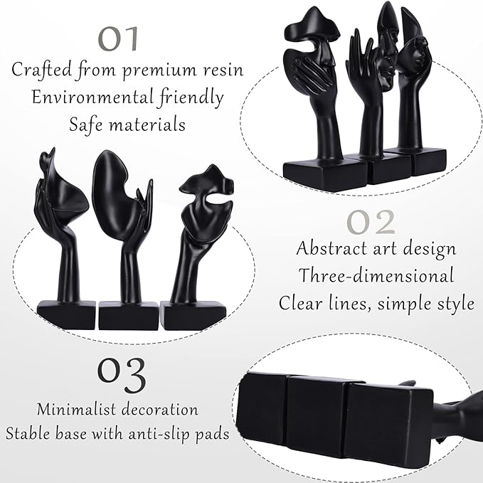 3 Pcs Thinker Large Statue Set - Black Art Abstract Home Accent Figurines for Living Room, Bedroom, Shelves, Office Desktop, Coffee Table Decor, Gift for Women (3 Pcs Black, 9")