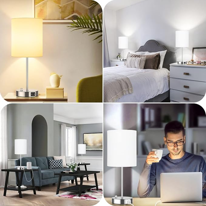 Set of 2 Table Lamps with USB Ports, White Bedside Lamps with AC Outlet, Modern Nightstand Lamps with Rotary Switch, Minimalist Desk Lamp with Fabric Shade for Bedroom Living Room Office Reading