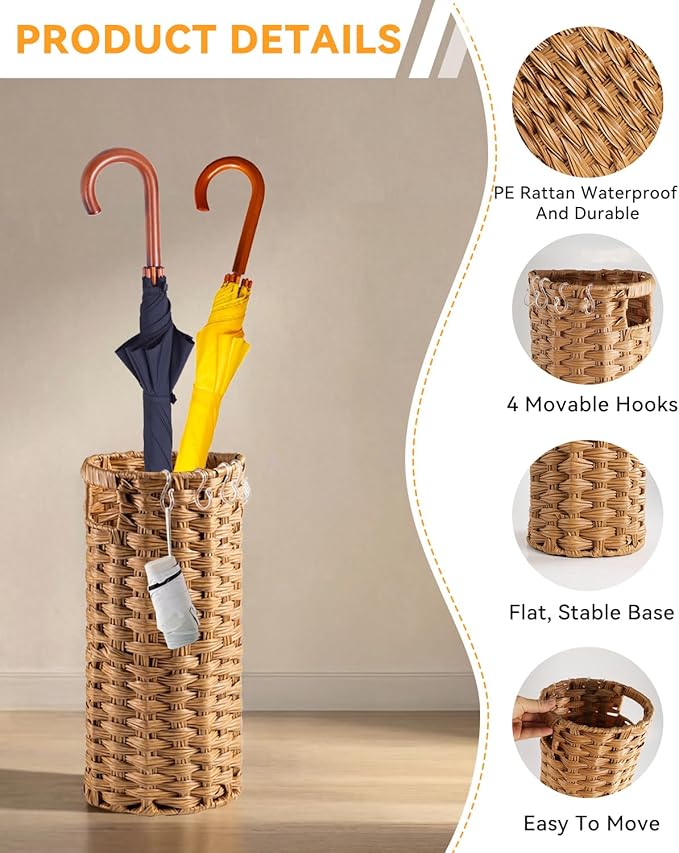 Rattan Umbrella Stand for Entryway,Hand-Woven Umbrella Holder Indoor with Doormat, Removable Drip Tray & 4 Hooks,Waterproof Umbrella Storage Basket