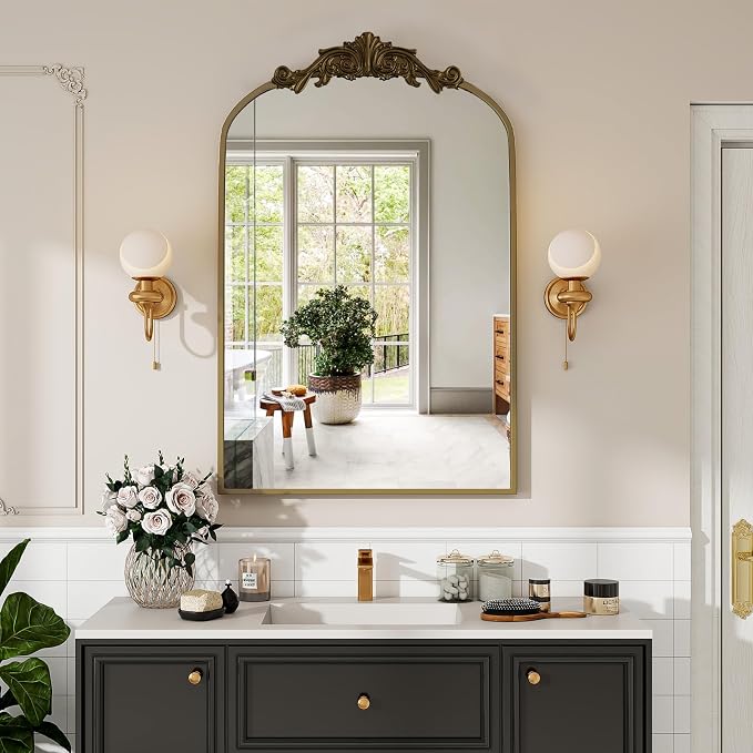 VooBang Vintage Arched Bathroom Mirror, 24x36 Inch Retro Wall Mounted Vanity Mirror with Carved Pattern Top and Metal Frame, Antique Decorative Mirror for Hanging or Leaning