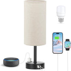 Fenmzee Beige Touch Table Lamp for Bedroom - 3 Way Dimmable Bedside Lamp USB C Charging Ports and AC Outlet, Small Lamp with Fabric Shade Black Base for Living Room, Office Desk, LED Bulb Included