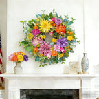 24 Inch Spring Summer Wreaths for Front Door Outside, Luxury Colorful Seasonal Floral Wreath with Chrysanthemums Roses Tulips & Berries, Faux Spring Summer Door Wreath for Outdoor Home Decor