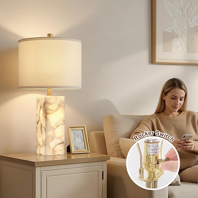 Scenekoy Alabaster Table Lamp Set of 2 with Night Light for Bedroom Living Room, 23" Rotary Switch Bedside Lamp with Linen Shade, Modern Nightstand Lamps for Room Office Dorm (Bulb Included)