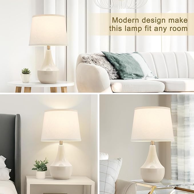 GyroVu 18" Table Lamp Set of 2, Ceramic Table Lamp Classic Beside Lamps Nightstand Lamp Modern Lamp for Living Room, Bedroom & Office Rocker Swtich Cream-LED Bulbs Included