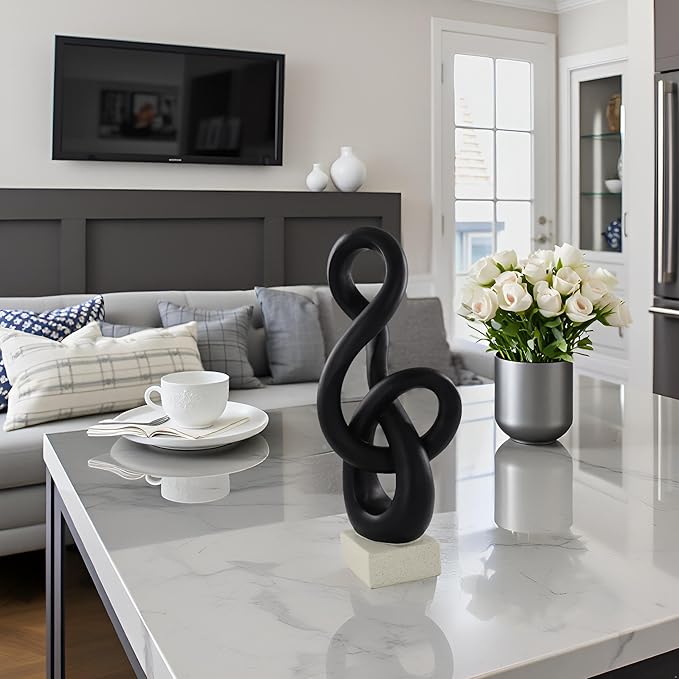 16" Modern Abstract Ribbon Decorative Sculpture, Knot Sculptures,Home Decor,Coffee Table Statues,Dining Living Room Desk Decor,Musical Note,Black