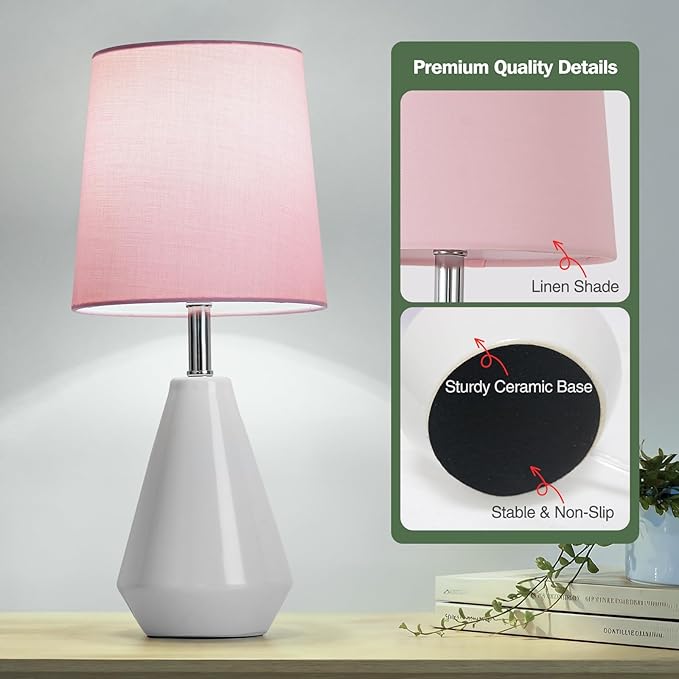 Small Bedside Table Lamp for Bedroom - Reading Desk Lamp with 3 Color Temperatures，15.5" Nightstand Ceramic Lamp with Fabric Shade for Kids Room,Living Room,Dorm,Home Office (White+Pink