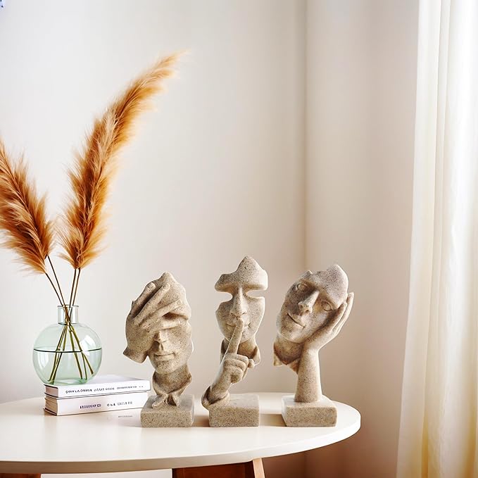 aboxoo Large Size 3 Pcs Thinker Statue, Silence is Gold, See No Evil Hear No Evil Speak No Evil Statues, Modern Resin Sculptures Decor for Living Room, Home, Office Study (Sandy)