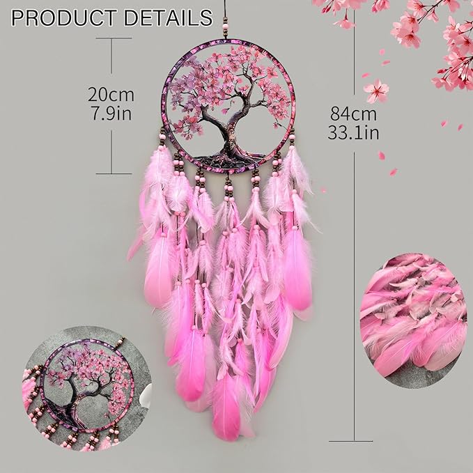 Dream Catcher Wall Hanging Decor for Bedroom Aesthetic, Handmade Traditional Wall Art with Feathers for Living Room, Nursery, Good Vibes Gift for Women,Girls,Home Decoration Wedding Party (Pink Tree)