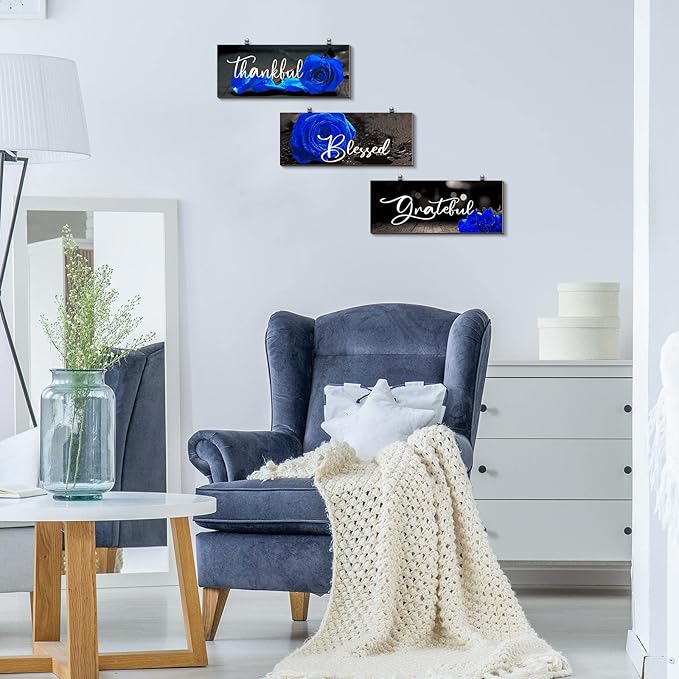 Hillban 3 Pieces Rose Wooden Wall Decor Rose Bathroom Decor Thankful Grateful Blessed Accessories Inspirational Wall Art Signs for Living Room Kitchen Wedding(16 x 6 Inch,Blue)