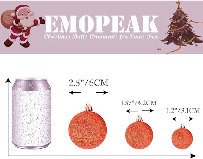 Emopeak 24Pcs Christmas Balls Ornaments for Xmas Christmas Tree - 4 Style Shatterproof Christmas Tree Decorations Hanging Ball for Holiday Wedding Party Decoration (Orange, 1.6"/4.2CM)