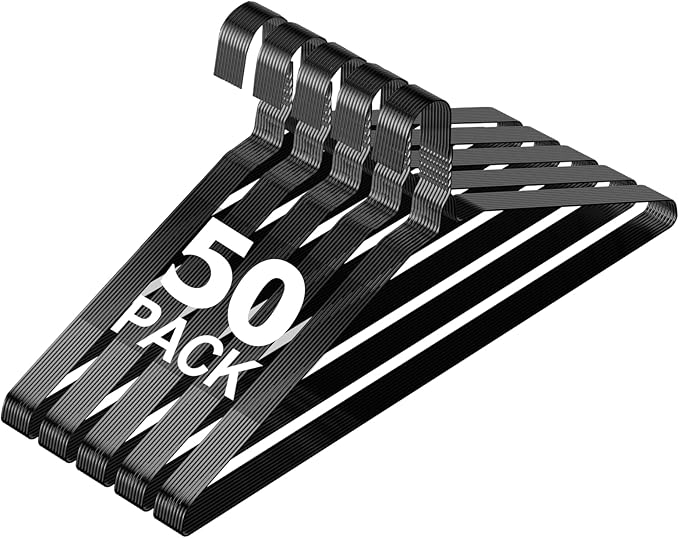 SPECILITE Wire Metal Clothes Hangers Bulk 50 Pack for Standard Size Suits, Coats, Shirts, Pants, Skirts, Space Saving, Non Slip,16 Inch 12 Gauge Ultra Thin, Black