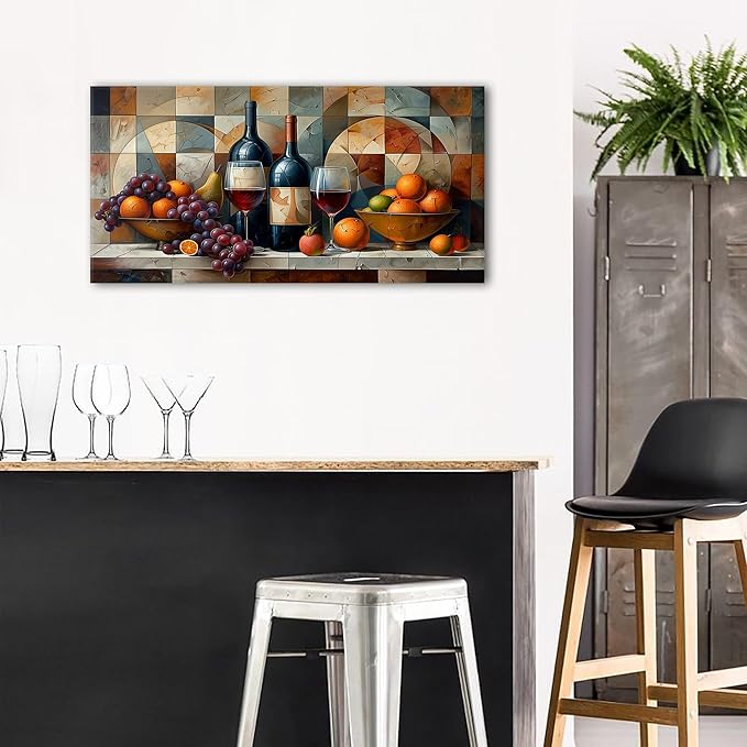 Abstract Kitchen Wall Art Geometric Dining Room Wall Decor Red Wine Glass Canvas Prints Pictures Rustic Farmhouse Fruits Still Life Painting Living Room Wine Bar Art Wall Decor Home Decorations 20x40"