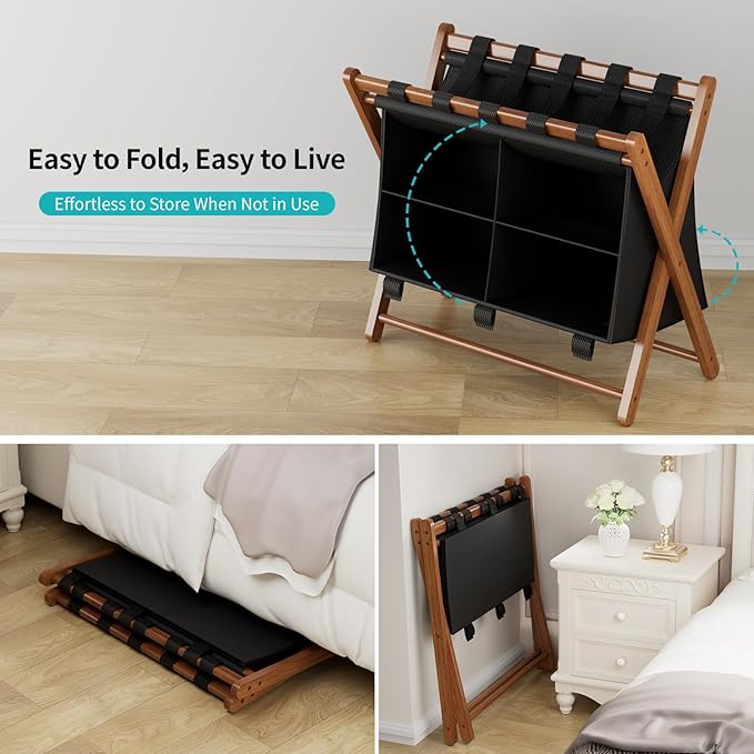 Bamboo Luggage Rack 2 Pack with 4 Storage Compartments, Foldable Suitcase Stand for Guest Room, 150lbs Capacity, Sturdy, Space-Saving and Easy to Assemble Organizer