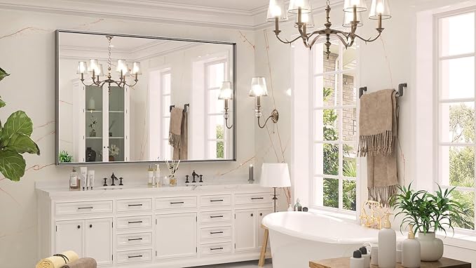 Keonjinn Black Mirror for Bathroom 60 x 40 Inch, Rectangular Matte Black Large Wall Vanity Mirrors, Metal Framed Rectangle Farmhouse Mirror, Modern Square Corner Framed Mirrors(Horizontal/Vertical)
