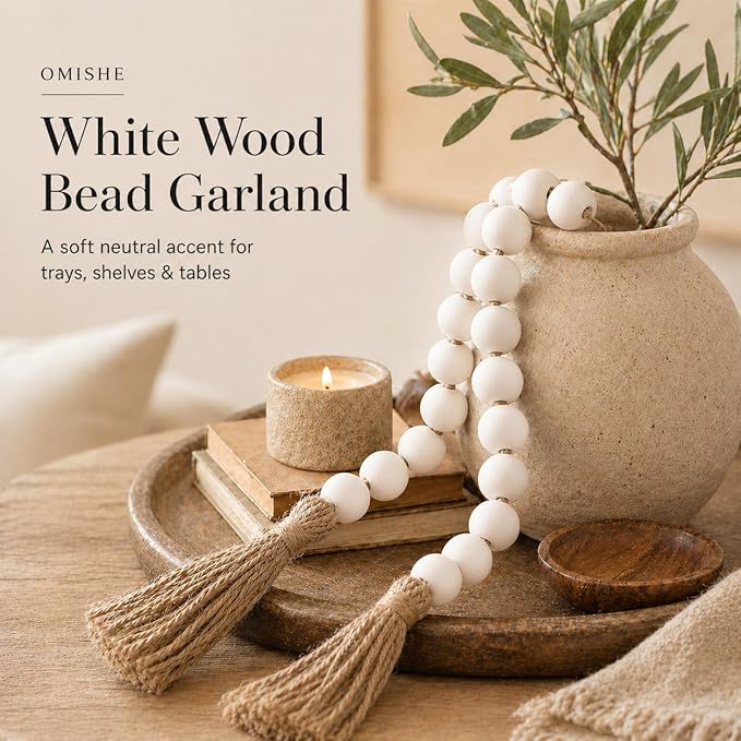 OMISHE 60" Long Extra Large Wood Bead Garland with 1.6" Diameter Wooden Beads and Tassels, Rustic Farmhouse Country Decorative Beads for Home Tiered Tray Decor, White