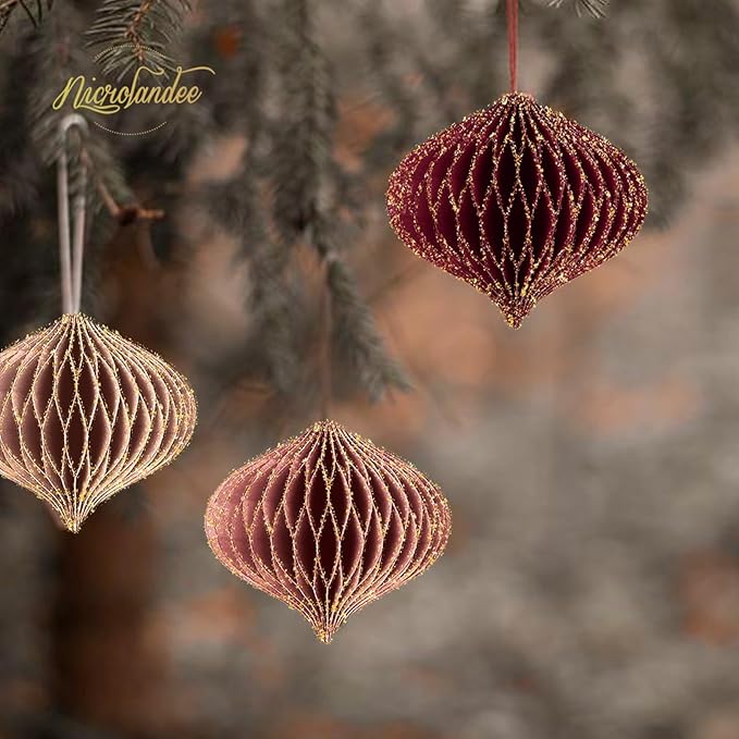 NICROLANDEE Wedding Decorations, 6 PCS Burgundy MIni Glitter Gold Edge Honeycomb Lanterns Ornaments for Christmas Tree Decoration, Xmas New Year Party, Birthday, Burgundy Bachelorette Party Decor