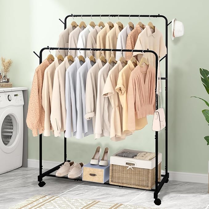AT-VALY Double Rod Clothing Rack with wheels,Garment Rack for Hanging Clothes,Multi-functional Bedroom Clothes Rack (Black)